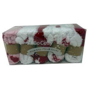 5 Pair Women's Non-Skid Plush Socks in Red, White and Pink with Heart Designs